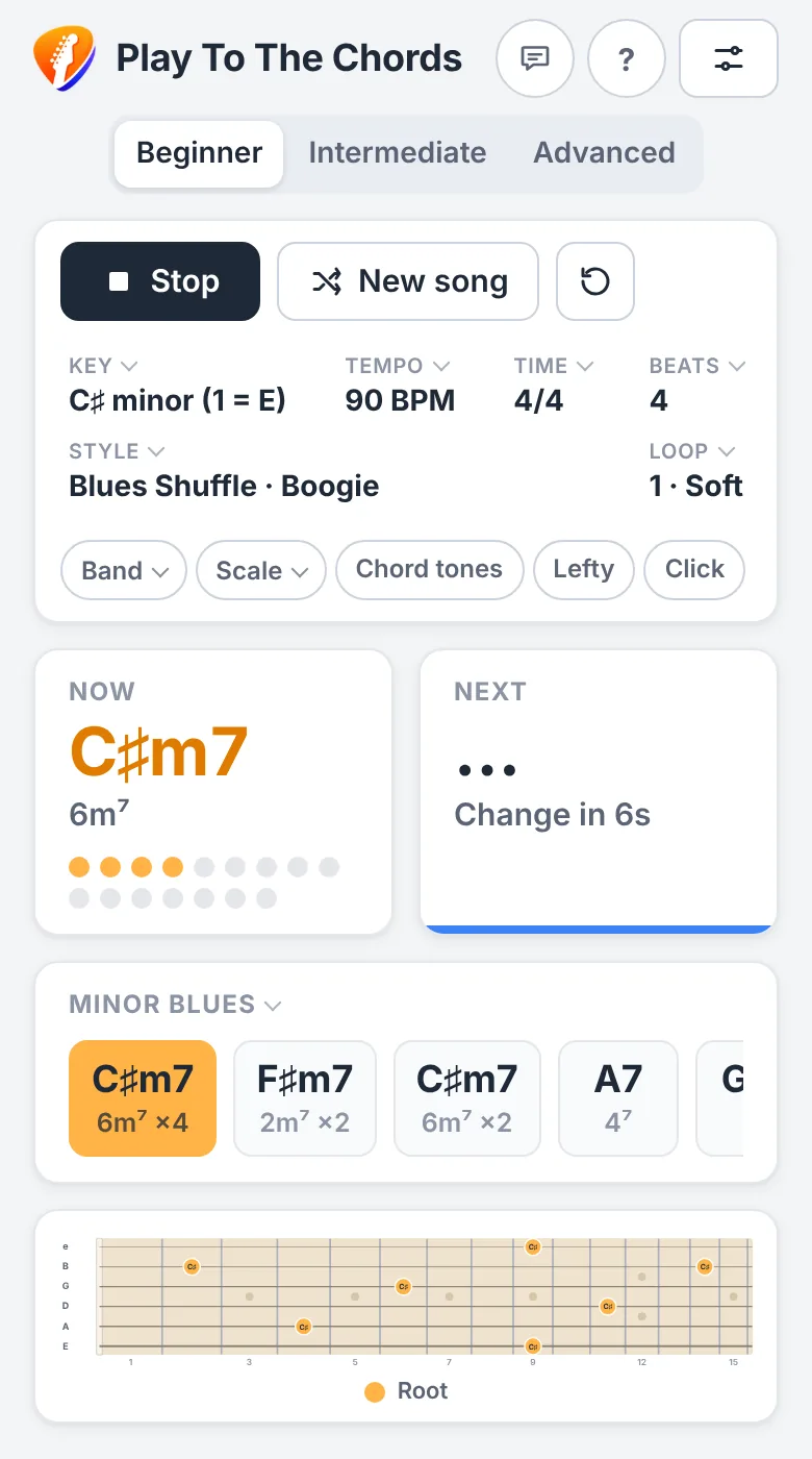 Play To The Chords on a phone, playing a minor blues