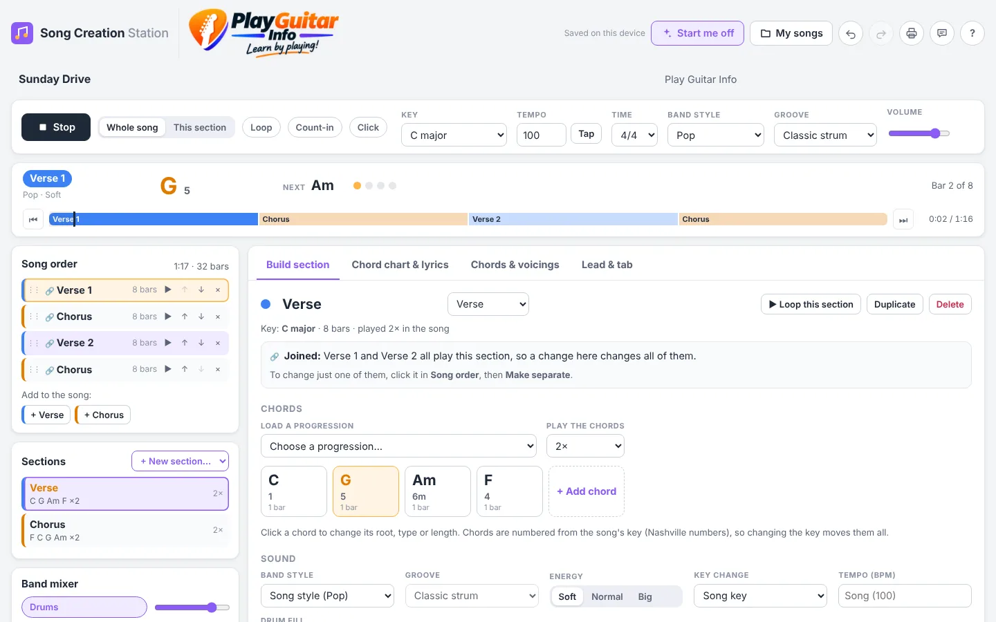 Song Creation Station with a song made of verses and choruses, building the verse