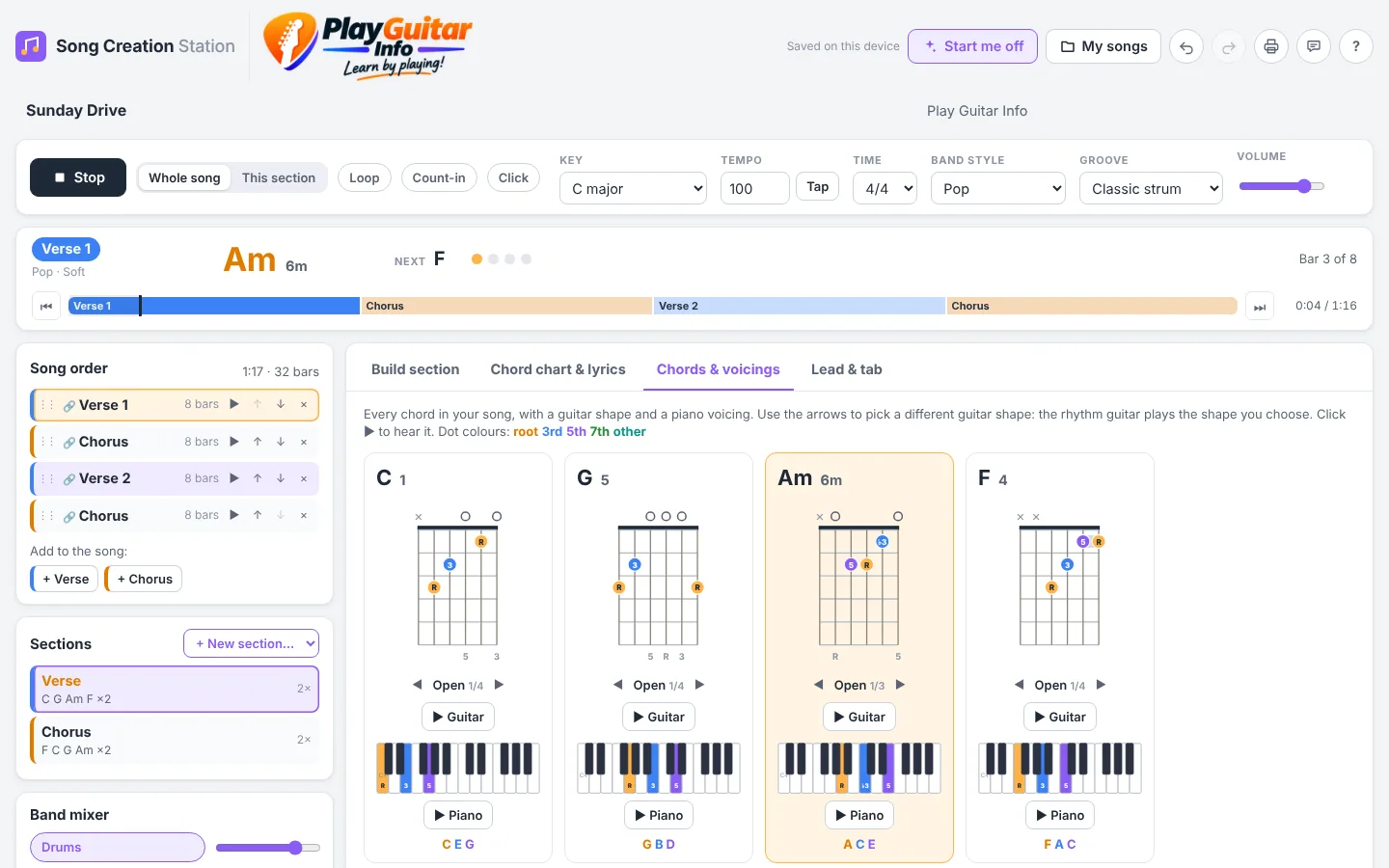 Guitar chord diagrams and piano keyboards for C, G, A minor and F