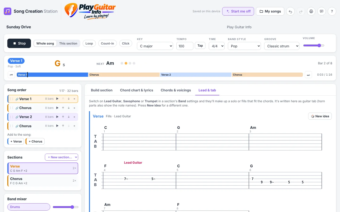 Guitar tab of a lead fill written by the app